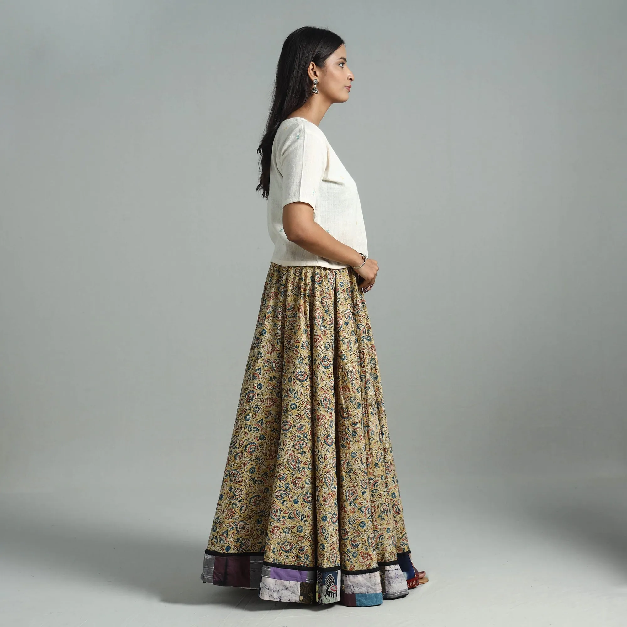 Yellow - Hand Block Printed Cotton Long Kalamkari Skirt 02