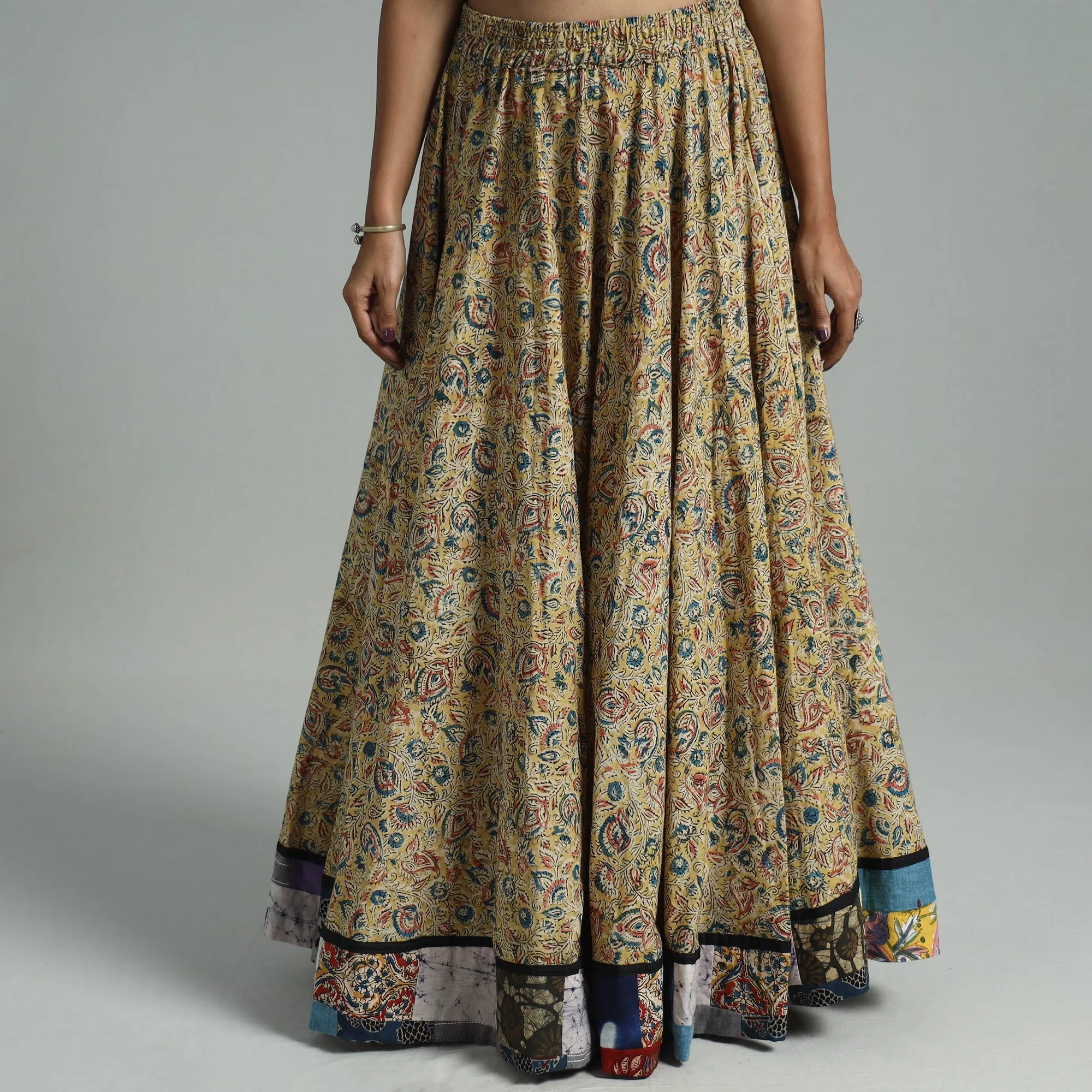 Yellow - Hand Block Printed Cotton Long Kalamkari Skirt 02