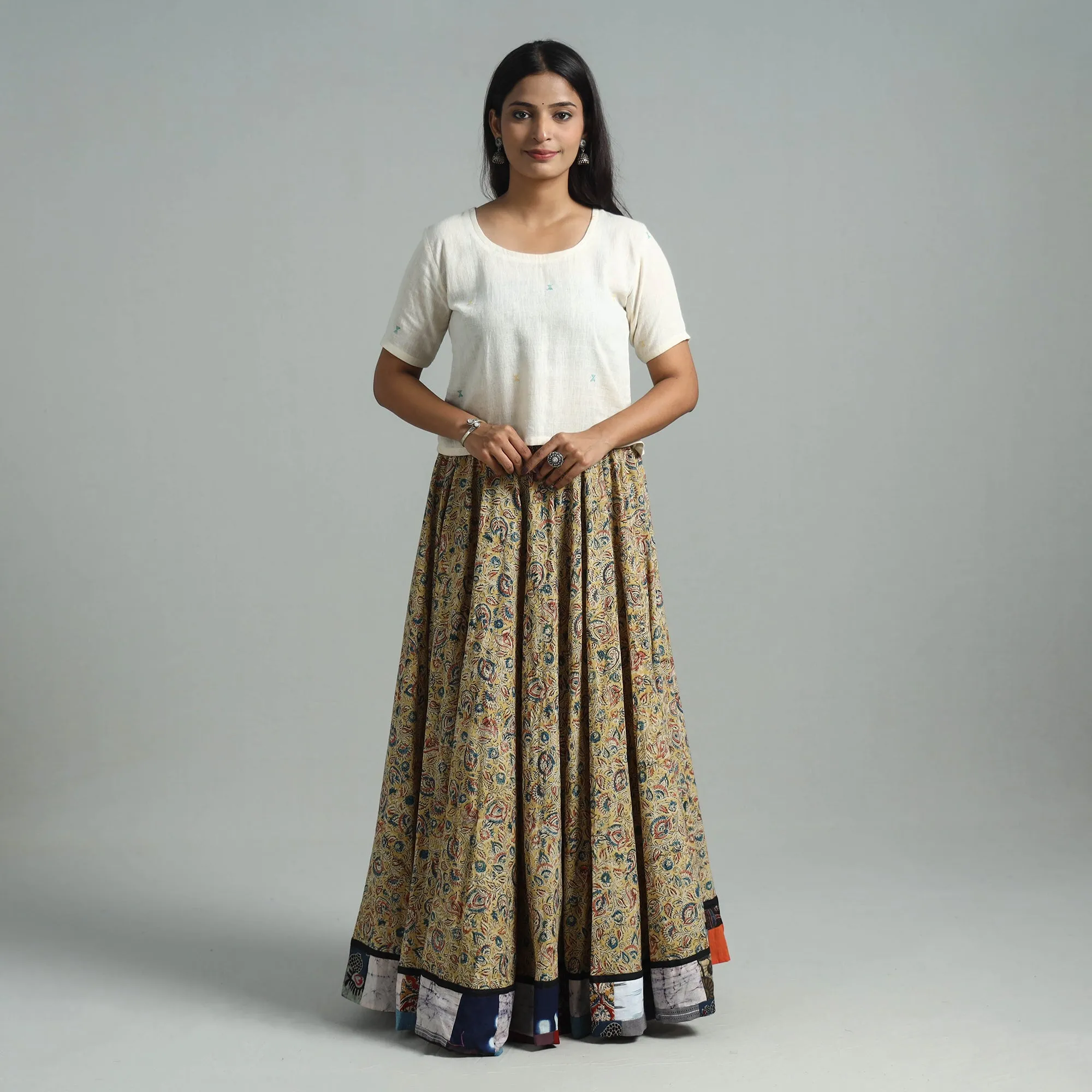 Yellow - Hand Block Printed Cotton Long Kalamkari Skirt 02