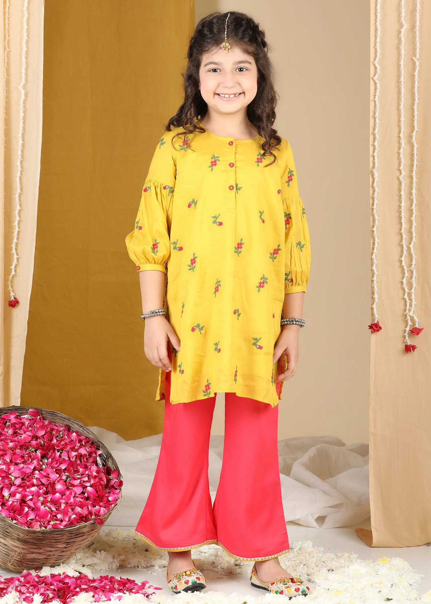 Yellow Red Aarvi Kurta & Pant Set Girls (2-12Yrs)